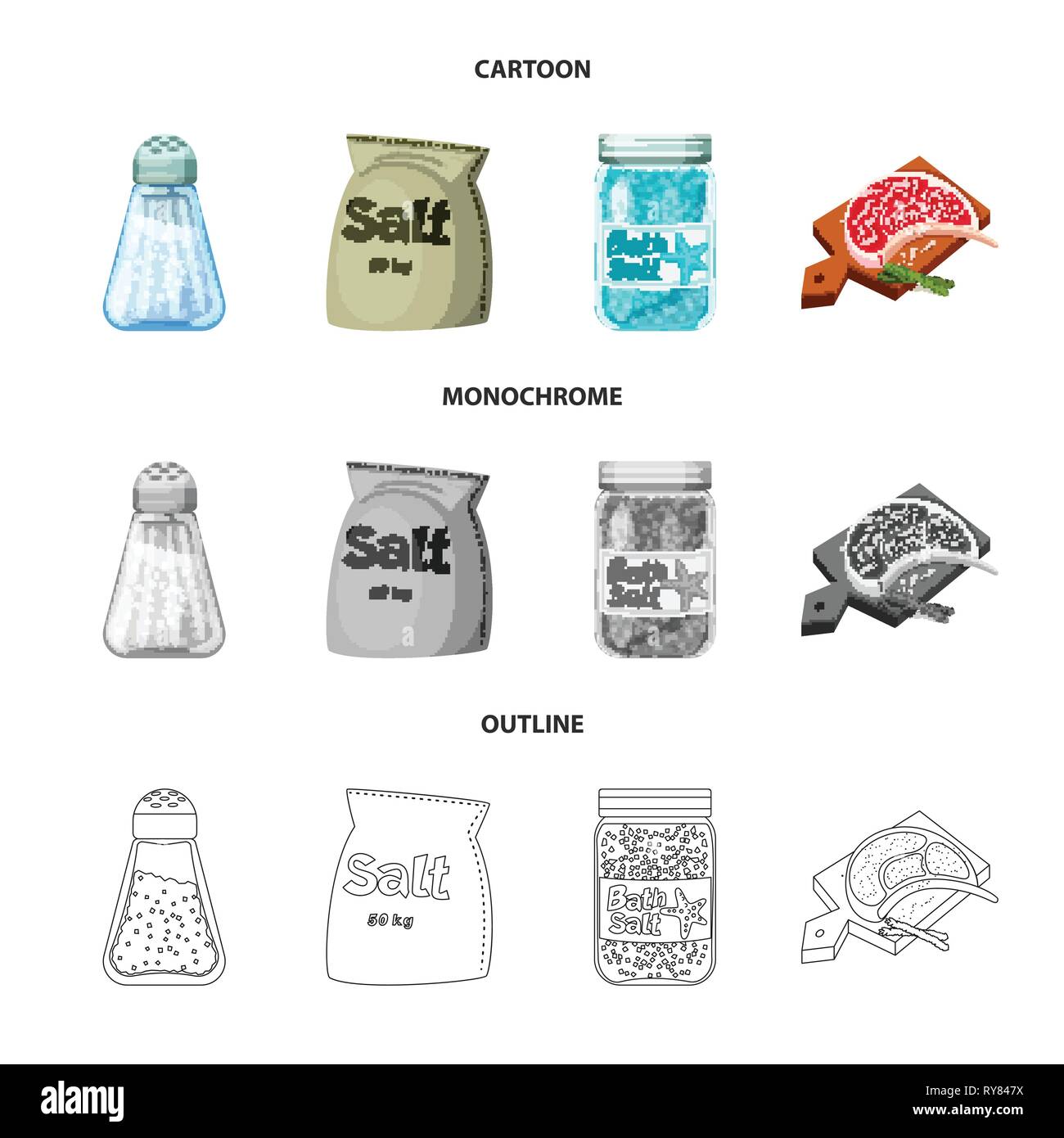Salzfass, Tasche, Flasche, Fleisch, Gewürze, salzig, Brett, Badewanne, Glas, Pulver, Spa, Restaurant, weiße, Vintage, Streuen, Getreide, Mehl, Container, sauber, Picknick, kochen, Meer, Natur, Backen, Salz, Nahrungsmittel-, Natrium-, Mineral, Raw, Küche, Set, Vector, Icon, Illustration, isoliert, Sammlung, Design, Element, Grafik, Zeichen, Vektor, Vektoren, Stock Vektor