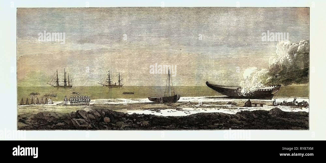 Expedition eines britischen Kraft von Aden Shugra: Einschiffung der Truppen und Verbrennung einer Dhow 1866 Stockfoto