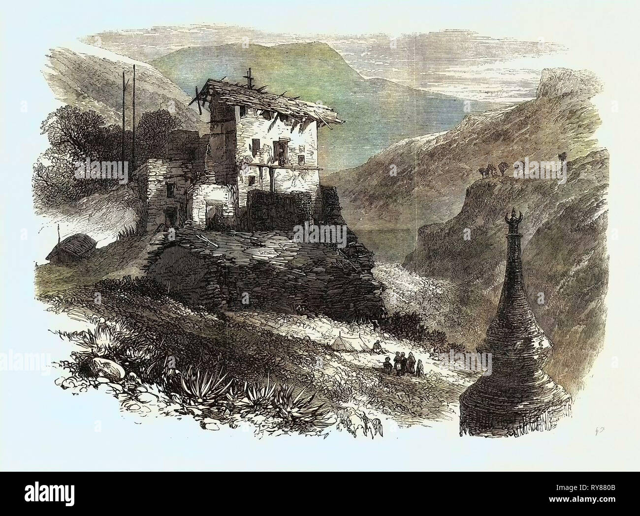 Der Krieg im Bhootan: Die verbrannten Palast der Rajah von Saleeka 1866 Stockfoto