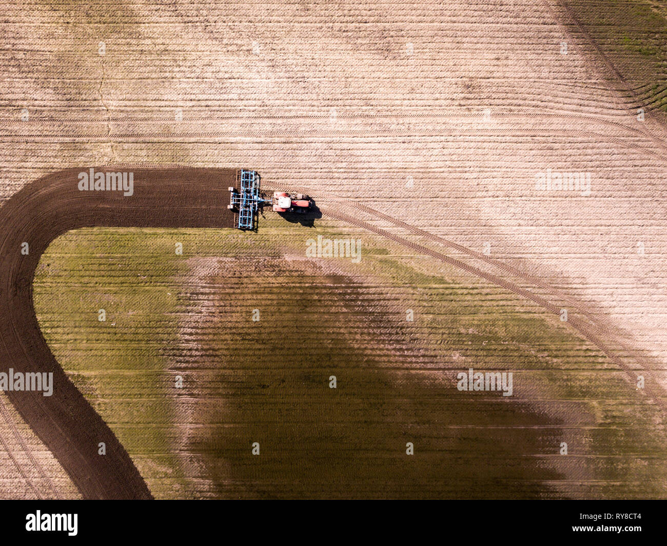 Luftaufnahme des Traktors im Feld, landwirtschaftlichen Bereich arbeiten. Traktor im Feld kultivieren, Luftbild. Stockfoto