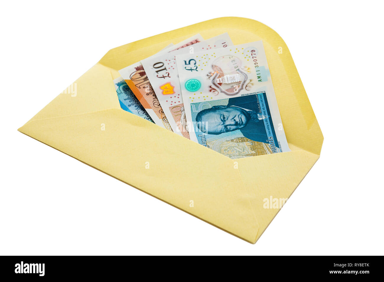 Neue britische fünf und zehn Pfund Noten polymer Banknoten geld Sterling 5 £ 10 £ GBP in einem Umschlag auf weißem Hintergrund. England, Großbritannien, Großbritannien Stockfoto