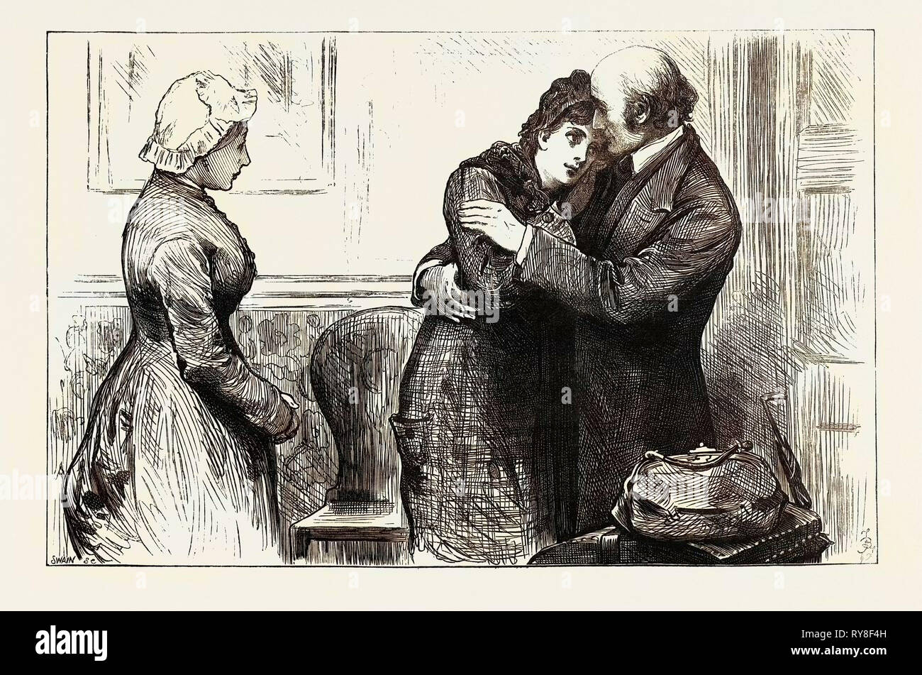 Dann hat sie sich so ein paar Dinge wie Sie wollte und küsste ihr Vater mit ihr Prim Kleine schwarze Seide Motorhaube auf Bereit zum Start. 1880 Stockfoto