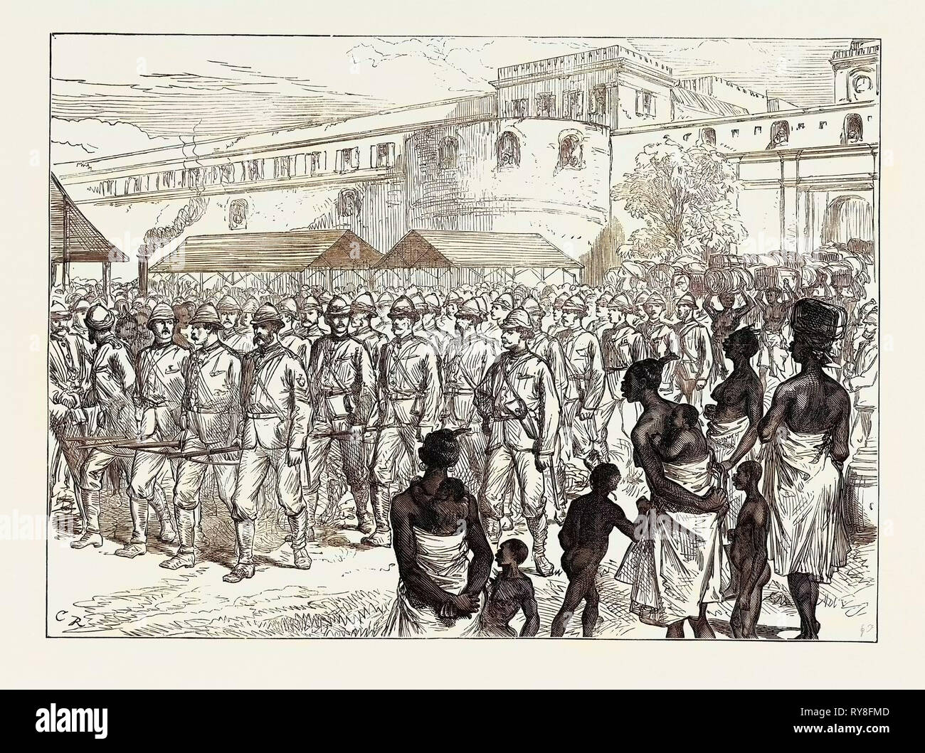 Die Ashantee Krieg: Britische Truppen verlassen Cape Coast Castle für die Vorderen 1874 Stockfoto