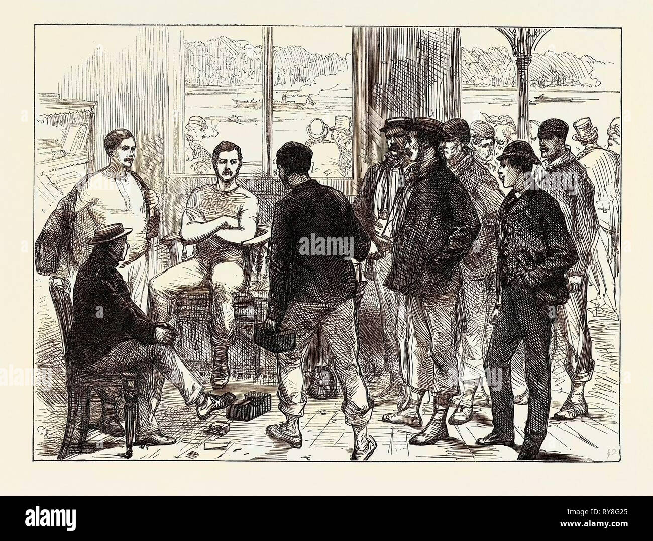 Die Universitäten "Boat Race auf der Themse: Wiegen die Crew 1874 Stockfoto