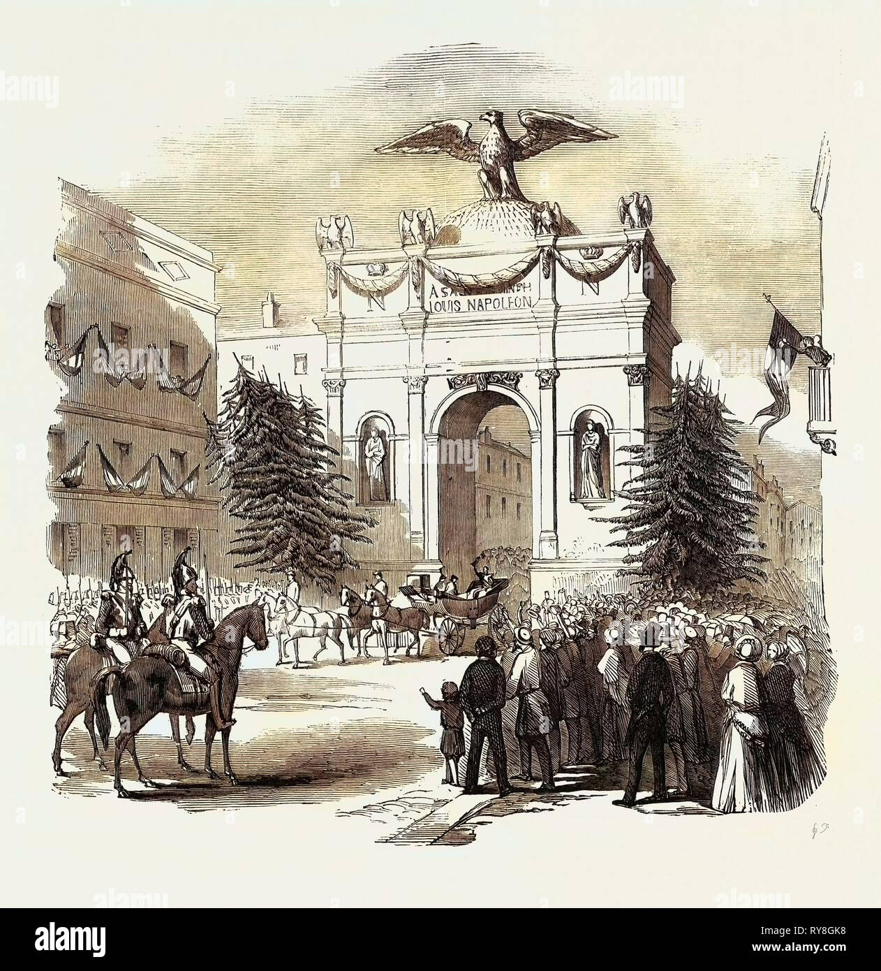 Ankunft der Präsident von Frankreich am Triumphbogen, in St. Etienne, 1852 Stockfoto