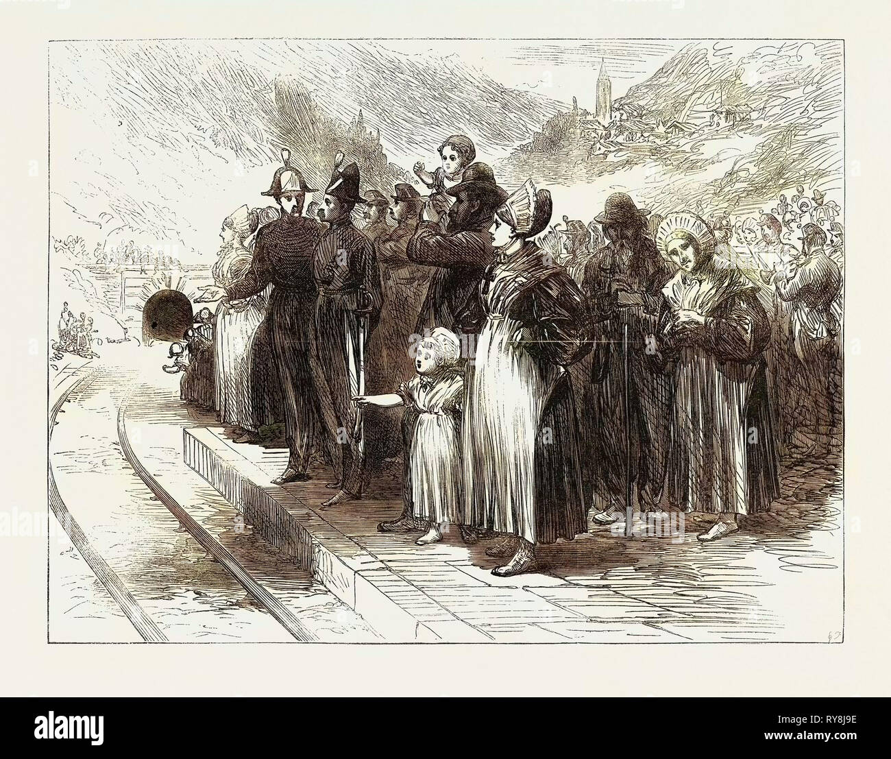 Eröffnung des Mont Cenis Tunnel: Land Menschen warten auf den Zug Pass 1871 zu sehen Stockfoto