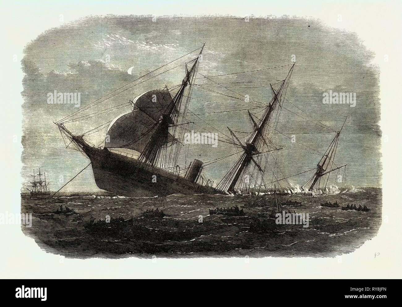 Wrack der Mail Steam-Ship Rangun Rangun bei Galle: Der Untergang nach dem Ausbau der Passagiere und Crew 1871 Stockfoto
