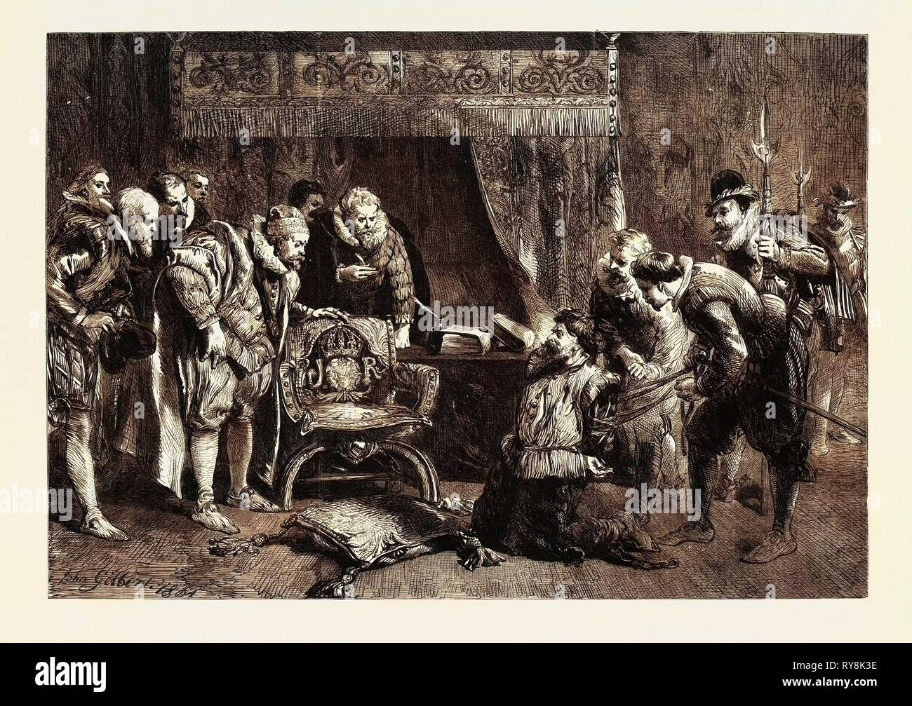 Die gunpowder Plot: Guy Fawkes wird verhört von James I und seinen Rat in des Königs Schlafgemach Whitehall Stockfoto