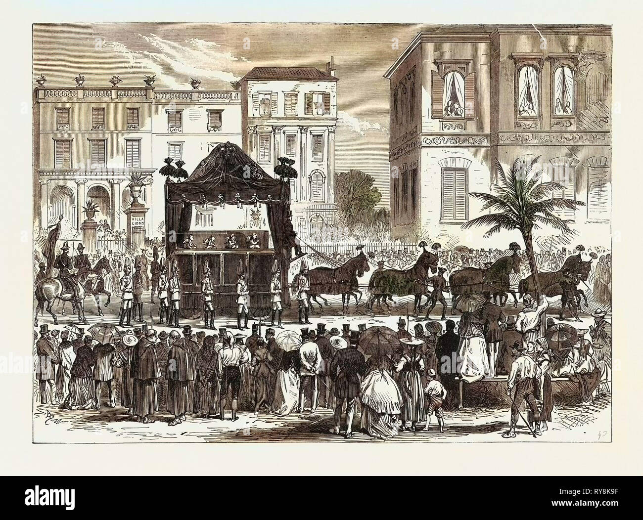 Trauerzug der späten König von Bayern in Nizza: Die Cortége Verlassen der Villa Lions 1868 Stockfoto