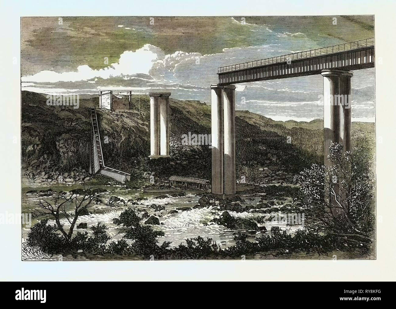 Grand River Railway Bridge Mauritius zerstört durch einen Hurrikan 1868 Stockfoto