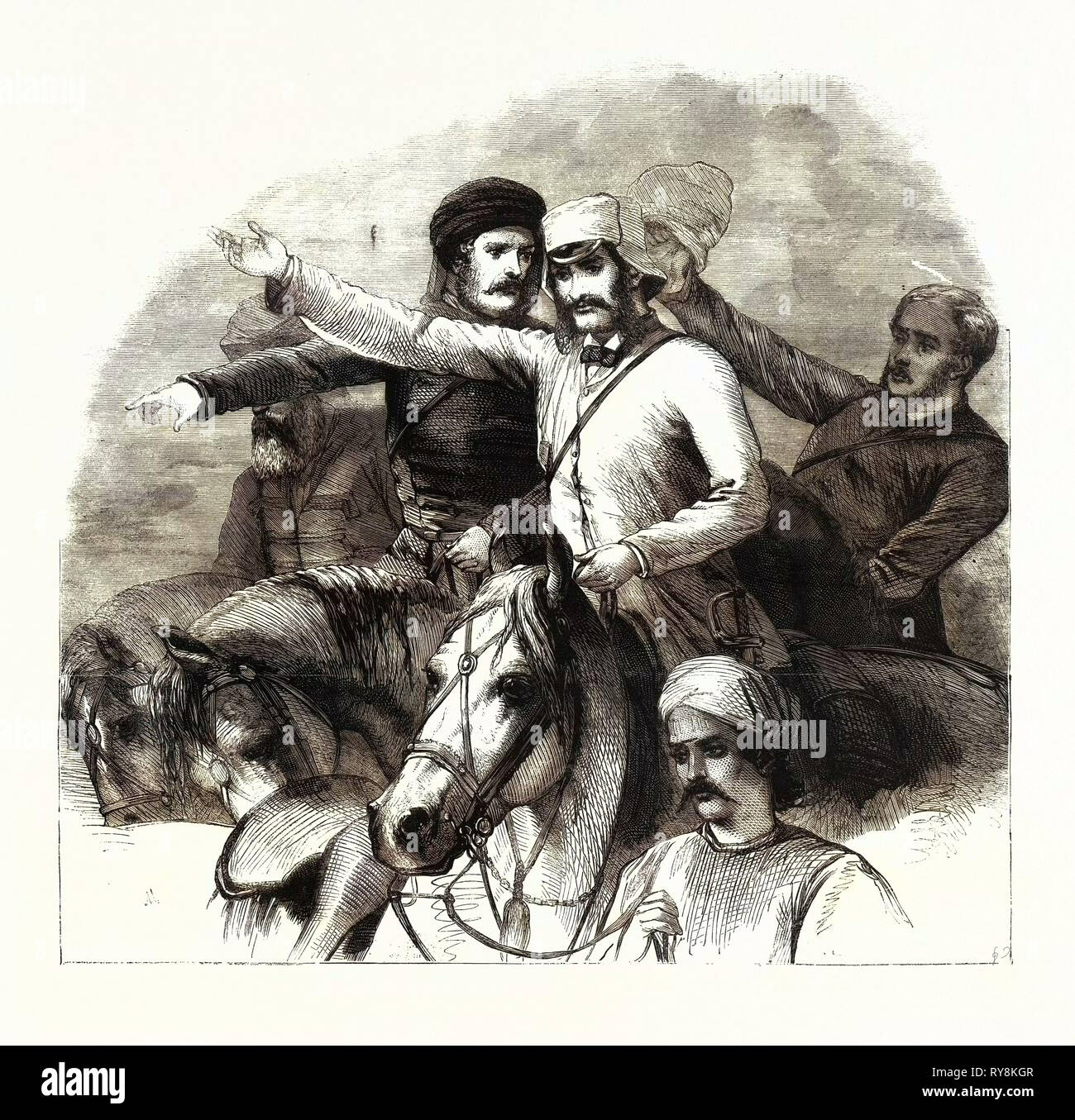 Gruppe von Barker's Grand historisches Bild der Linderung von Lucknow Oberst Greathed (Zweite von links auf dem Pferd) Generalleutnant Sir hoffe Grant K.C.B. (Auf dem Pferd) Hon. Großen Anson V.C. (Rechts auf dem Pferderücken Stockfoto