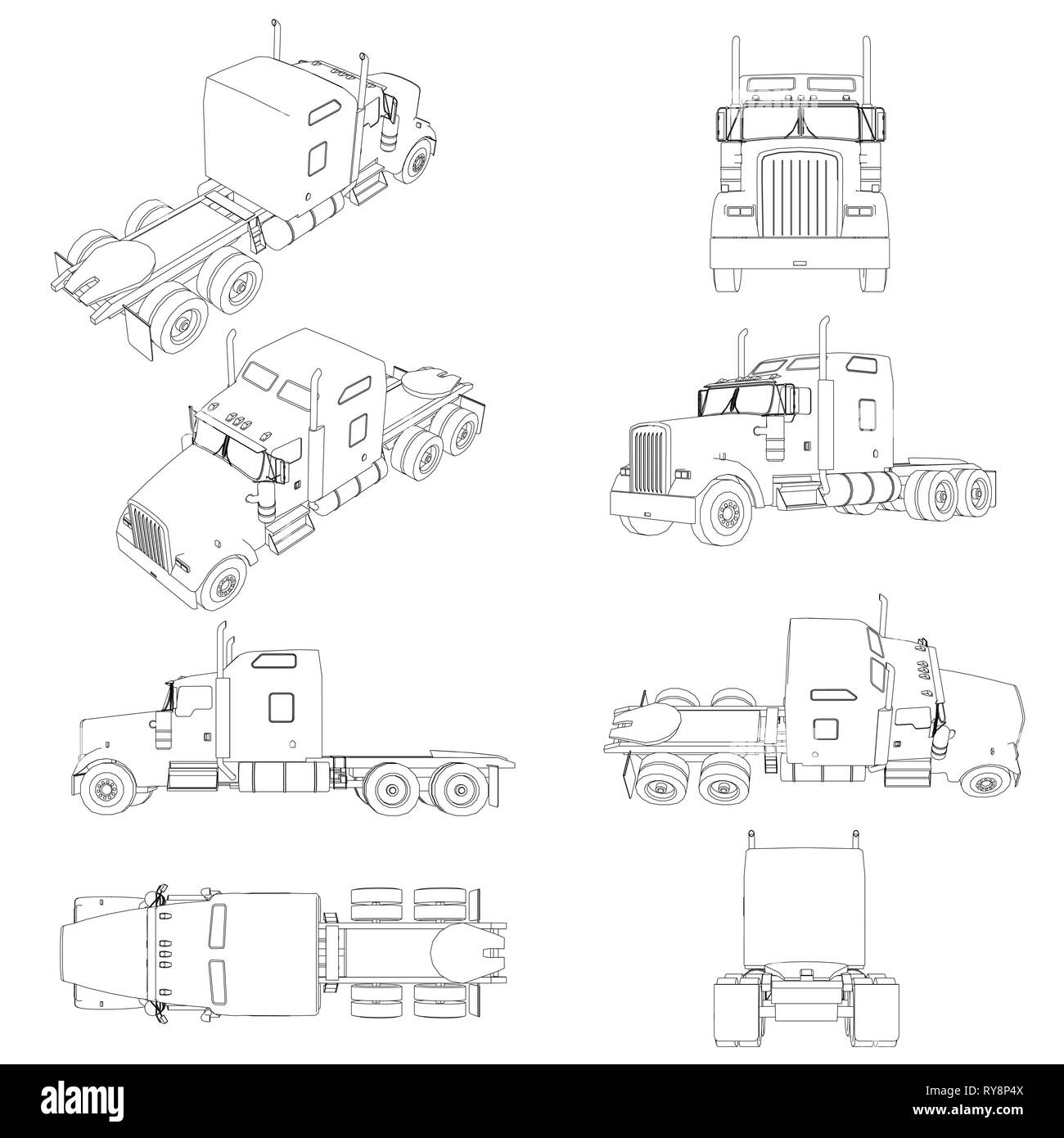 Set mit den Konturen des Lkw ohne Anhänger in verschiedenen Positionen. Die Kontur des Fahrzeugs vorne, seitlich, hinten, isometrische Ansicht. Vektor Stock Vektor