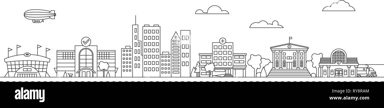 Line Art Stadtbild Vector Illustration mit öffentlichen Gebäude, Häuser, Stadion, Einkaufszentrum und Bahnhof Stock Vektor