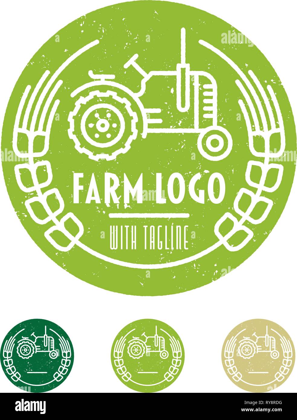 Grüne Landwirtschaft logo Schablone mit Traktor und Erntegut line Art Vector Illustration. Mustertext auf extra Schicht Stock Vektor