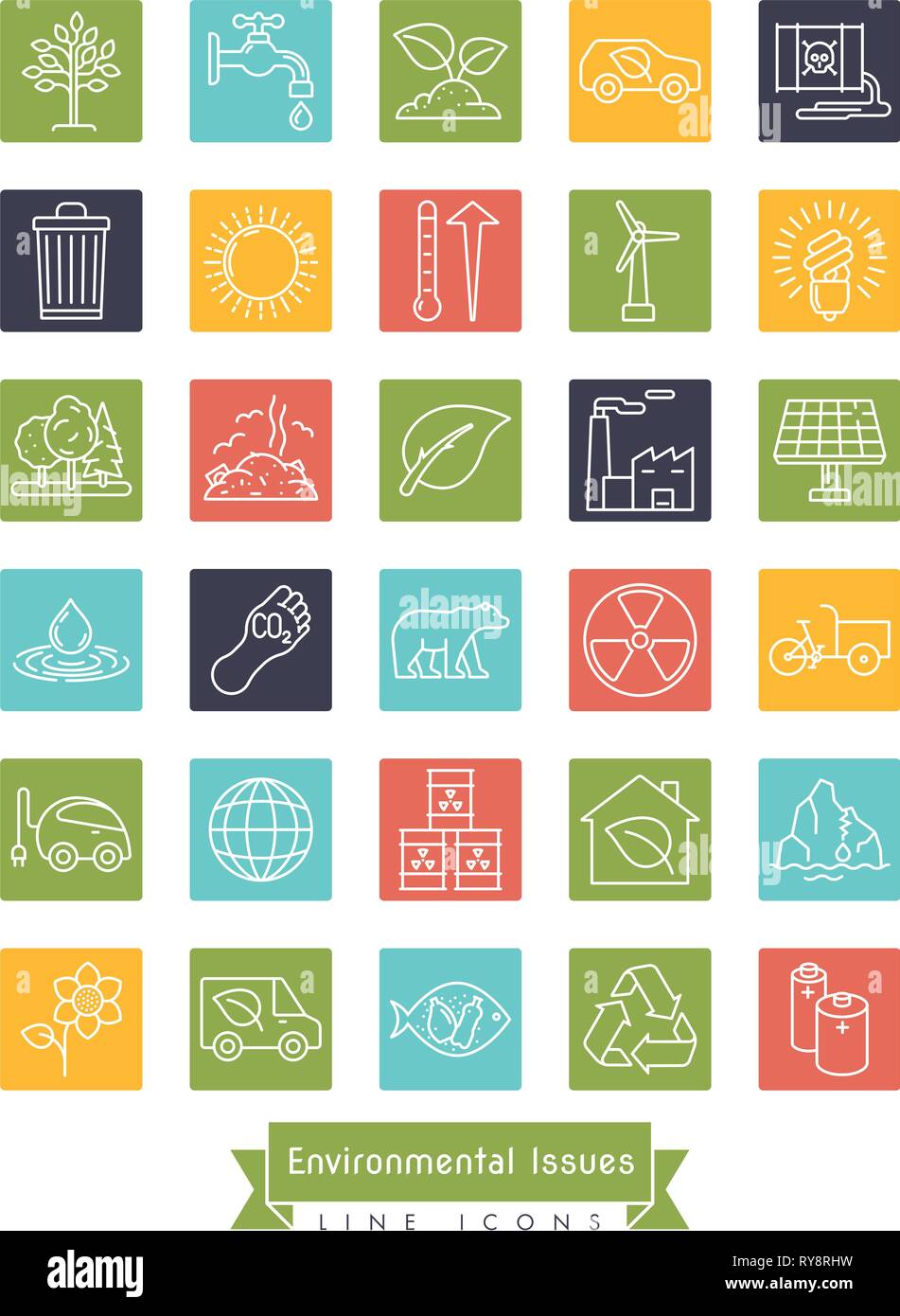 Sammlung von Umwelt und Klima vektorlinie Symbole in farbigen Quadraten. Nachhaltigkeit, globale Erwärmung und Klimawandel Symbole. Stock Vektor