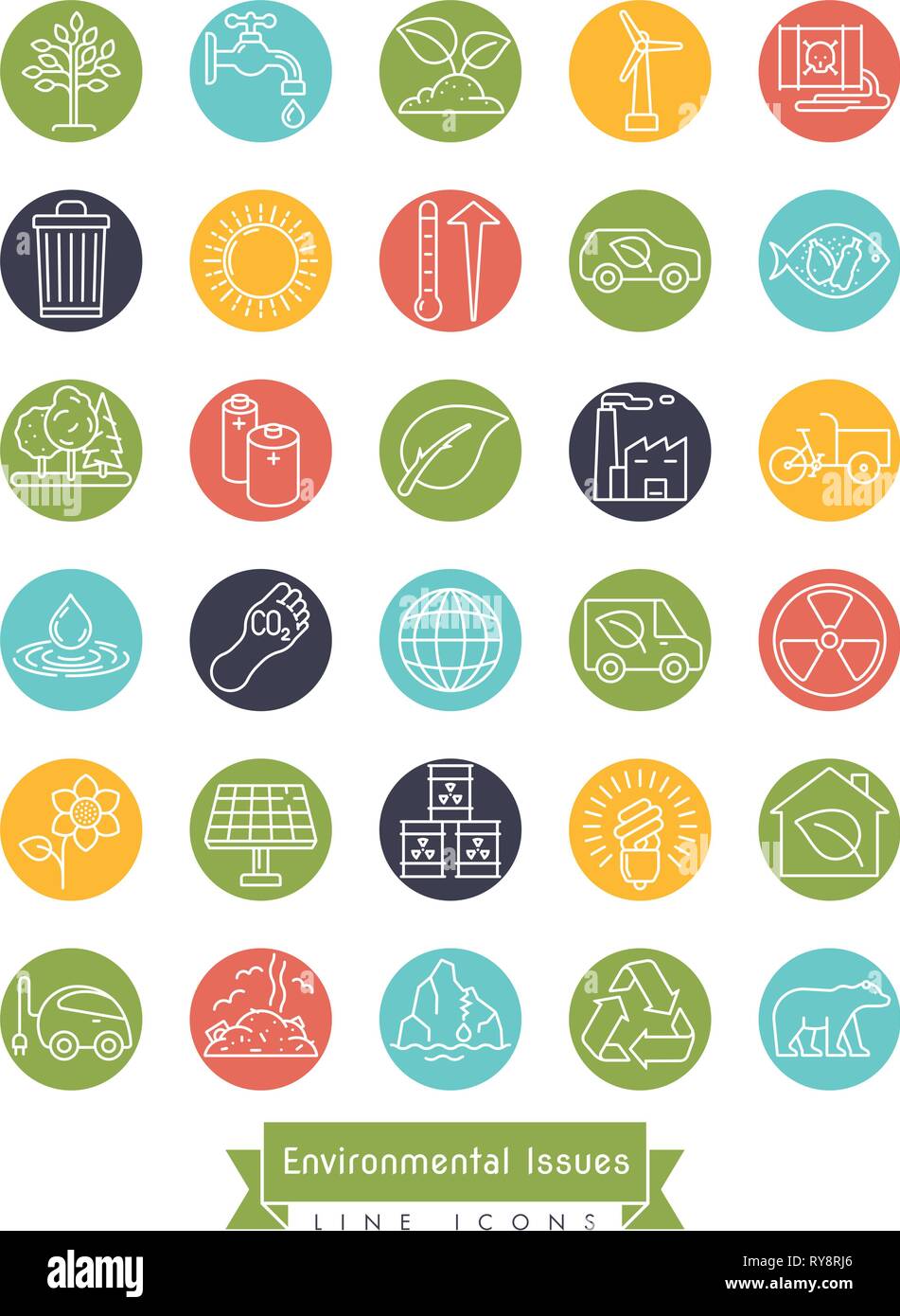 Sammlung von Umwelt und Klima vektorlinie Symbole in farbigen Kreisen. Nachhaltigkeit, globale Erwärmung und Abgase Symbole. Stock Vektor