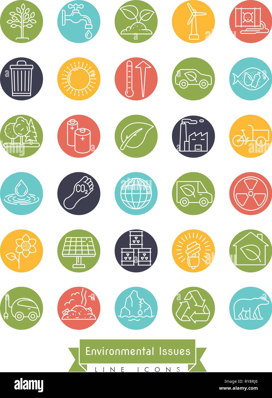 Sammlung Von Umwelt Und Klima Vektorlinie Symbole In Farbigen Kreisen Nachhaltigkeit Globale Erwarmung Und Abgase Symbole Stock Vektorgrafik Alamy