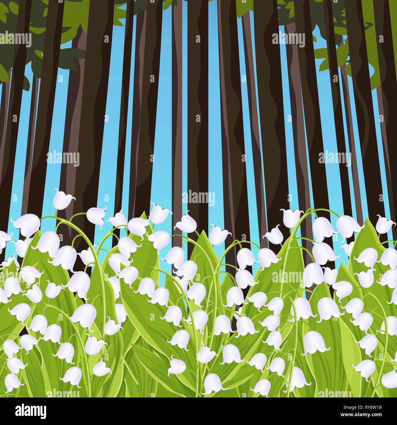 Maiglöckchen Frühling zarte Blumen in einer Waldlichtung, Vector Illustration. Weiße knospen Bluebells und grüne Stiele Blätter vor dem Hintergrund der Stock Vektor