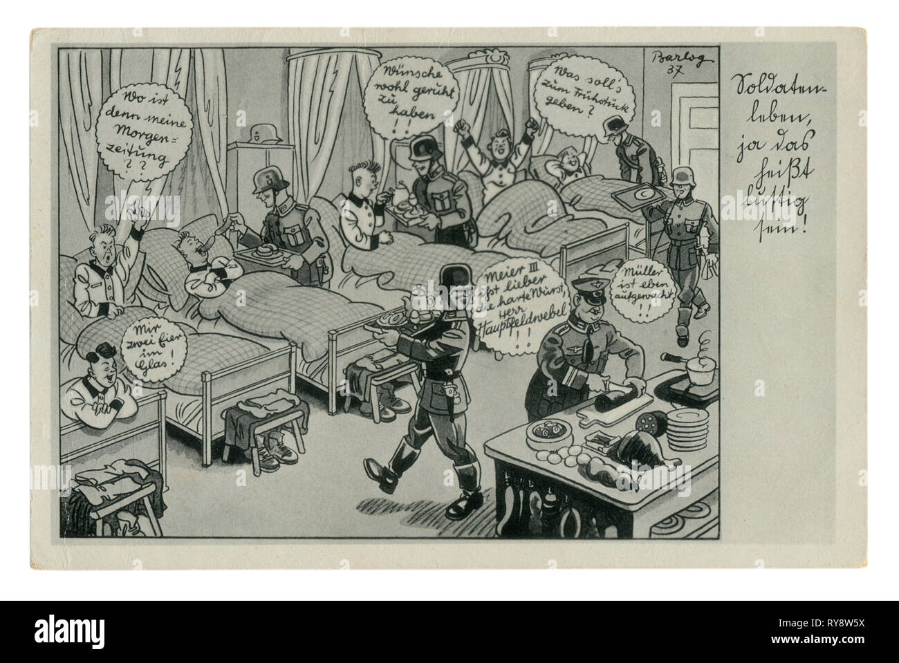 Deutsche Historische Postkarte: humorvoll Bild, Soldat Militär Krankenhaus als 5 Sterne Luxus Hotel all inclusive, Frühstück im Bett, 1937-1943 Stockfoto