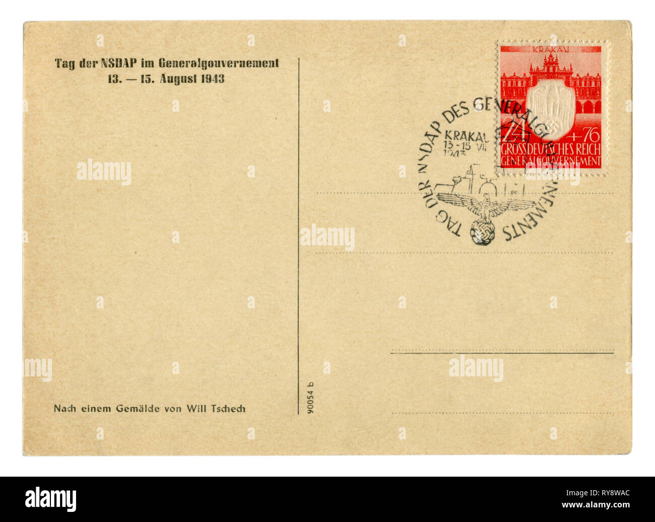 Deutsche Historische Postkarte: Rückseite der Postkarte mit Stempel: Jahrestag der 3 Jahre seit der Gründung der NSDRP Generalgouverneur in Polen Stockfoto