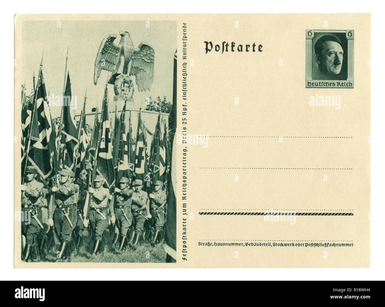 Deutsche Historische Postkarte: Der 9. Parteitag der NSDAP in Nürnberg 1937, Sa assault Truppen auf dem Marsch mit Fahnen. Deutschland Stockfoto