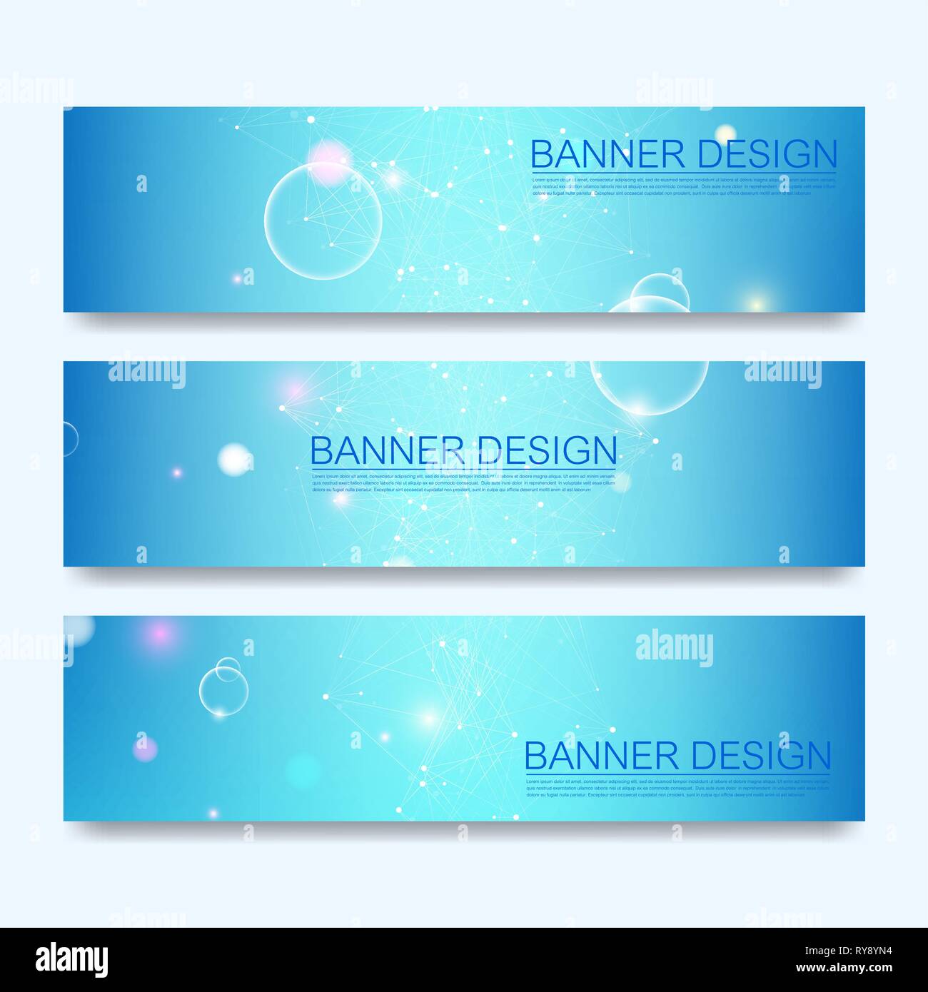 Abstrakte Moleküle Banner mit Linien, Punkte, Kreise, Polygone. Vektor Design Netzwerk kommunikation Hintergrund. Futuristische digitale Wissenschaft Stock Vektor