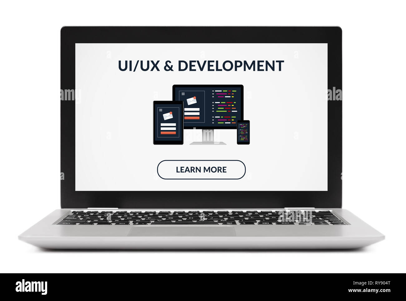 UI/UX-Entwurf und Entwicklung Konzept auf Laptop. Auf weissem Hintergrund. Alle Inhalte werden von mir gestaltet. Stockfoto