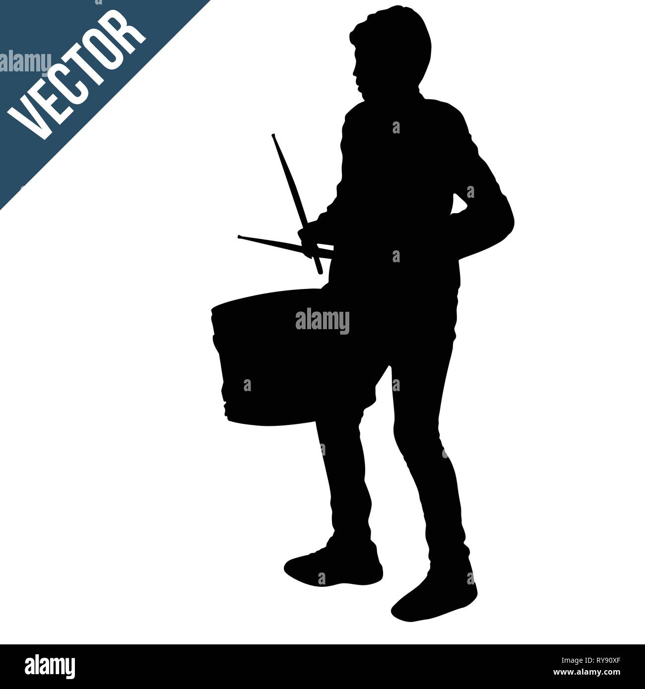 Junge silhouette Spielen auf weißem Hintergrund drum, Vector Illustration Stock Vektor