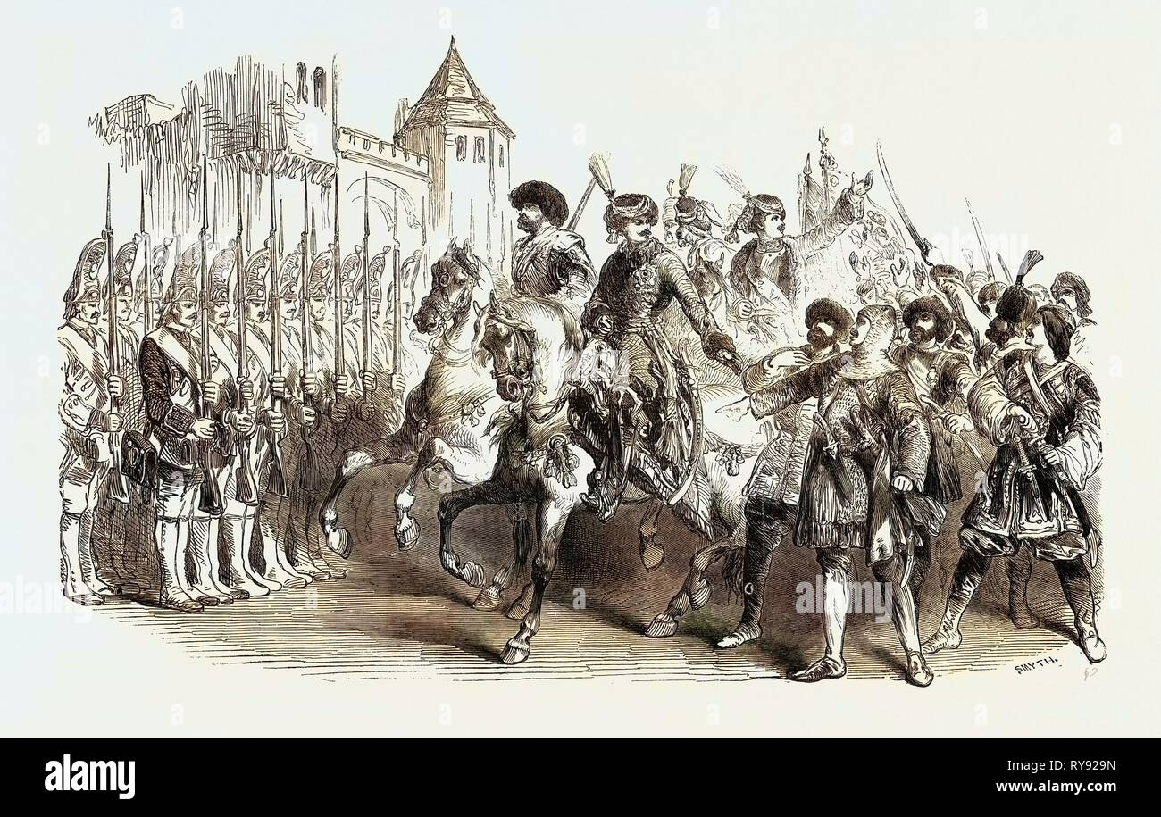 Szene aus "Pietro Il Grande", an der Königlichen Italienischen Oper, die Überprüfung in der Schlacht bei Pultava Stockfoto