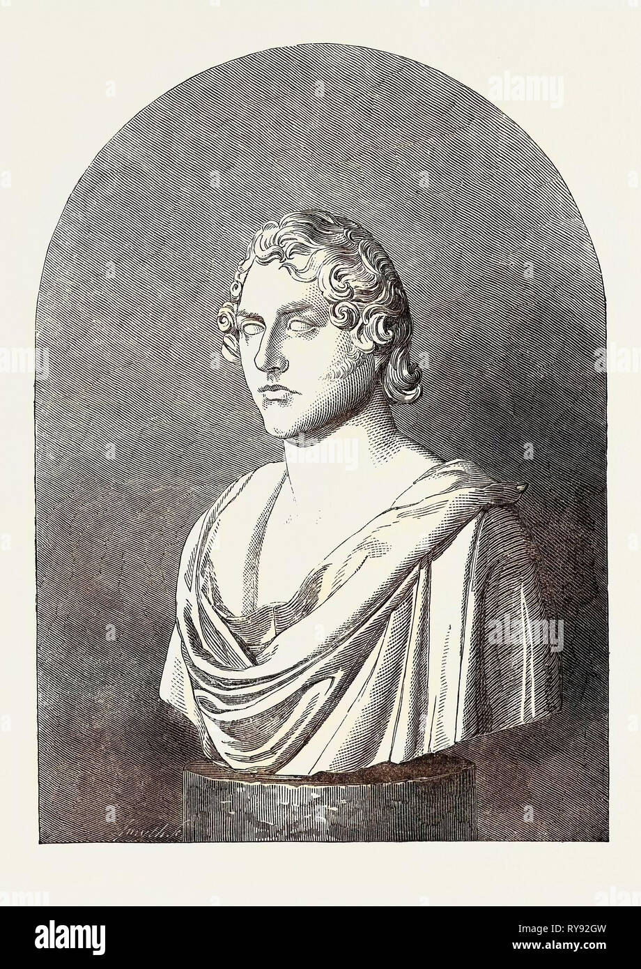 Büste von Lord Byron, 1852. Das Original dieser Büste, von der Florentiner Bildhauer Lorenzo Bartolini, kam als Ergebnis des Künstlers Byron Verfolgung für eine Sitzung. Byron schrieb an seinen Verleger John Murray, "bartolini die berühmten Bildhauer schrieb meine Büste zu nehmen - ich zugestimmt unter der Bedingung, dass er nahm auch die von der Gräfin Guiccioli... Der Bildhauer ist ein berühmtes & wie es war durch seine besondere Anfrage wohl getan wird." Mit der Zustimmung von Byron, Bartolini nach Pisa, wo Byron zu der Zeit lebte, reiste. Bartolini warf einen naturalistischen Eindruck des Dichters Stockfoto