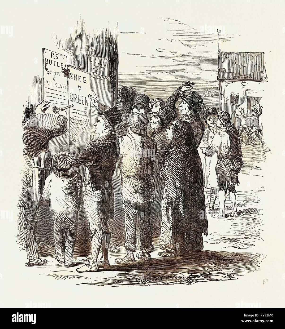 Die Kilkenny Wahl, Bauernschaft lesen Adressen der Kandidaten, 1852 Stockfoto