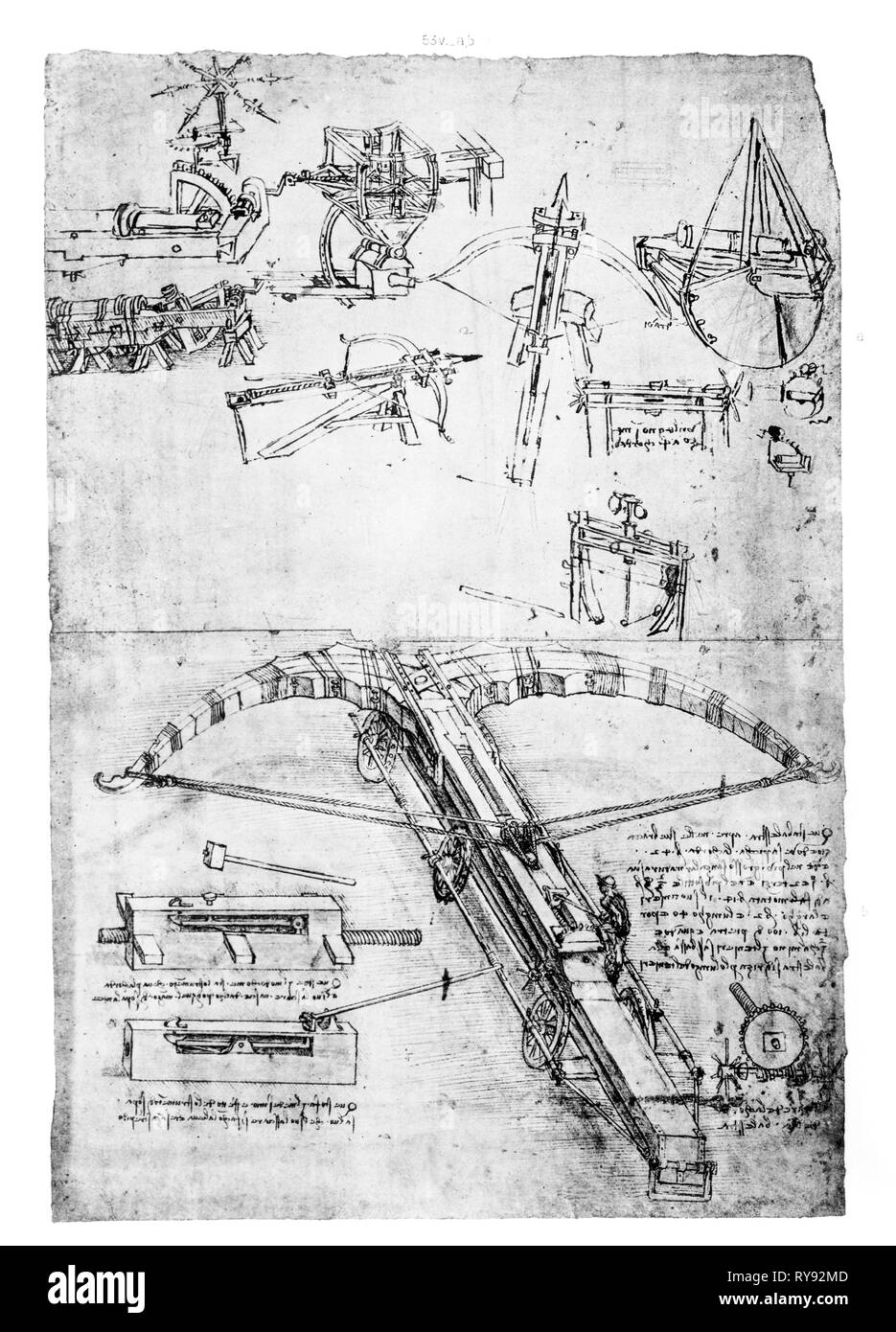Gigantische Armbrust, technische und mechanische Zeichnungen aus einem Notebook, Leonardo da Vinci (1452-1519) Stockfoto