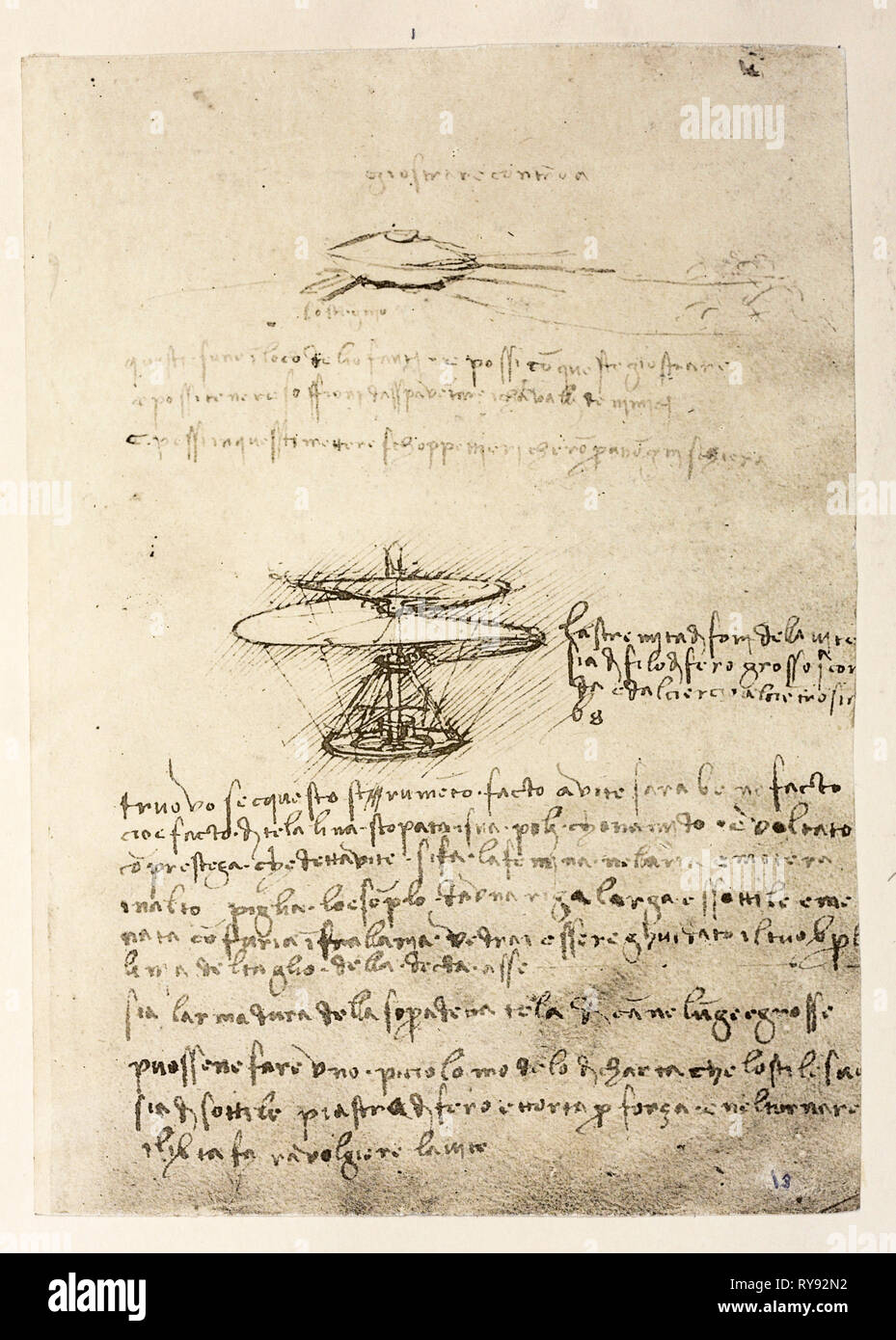 Leonardo da Vinci Helicopter Design, Flugmaschinenzeichnung, im Zusammenhang mit seinen Studien über künstliche Flüge. Stockfoto
