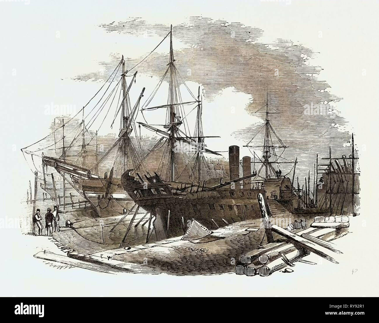 Der Indus Steamship teilweise zerstört durch Feuer, in der die Herren Wigram's Trockendock, Blackwall, 1852 Stockfoto
