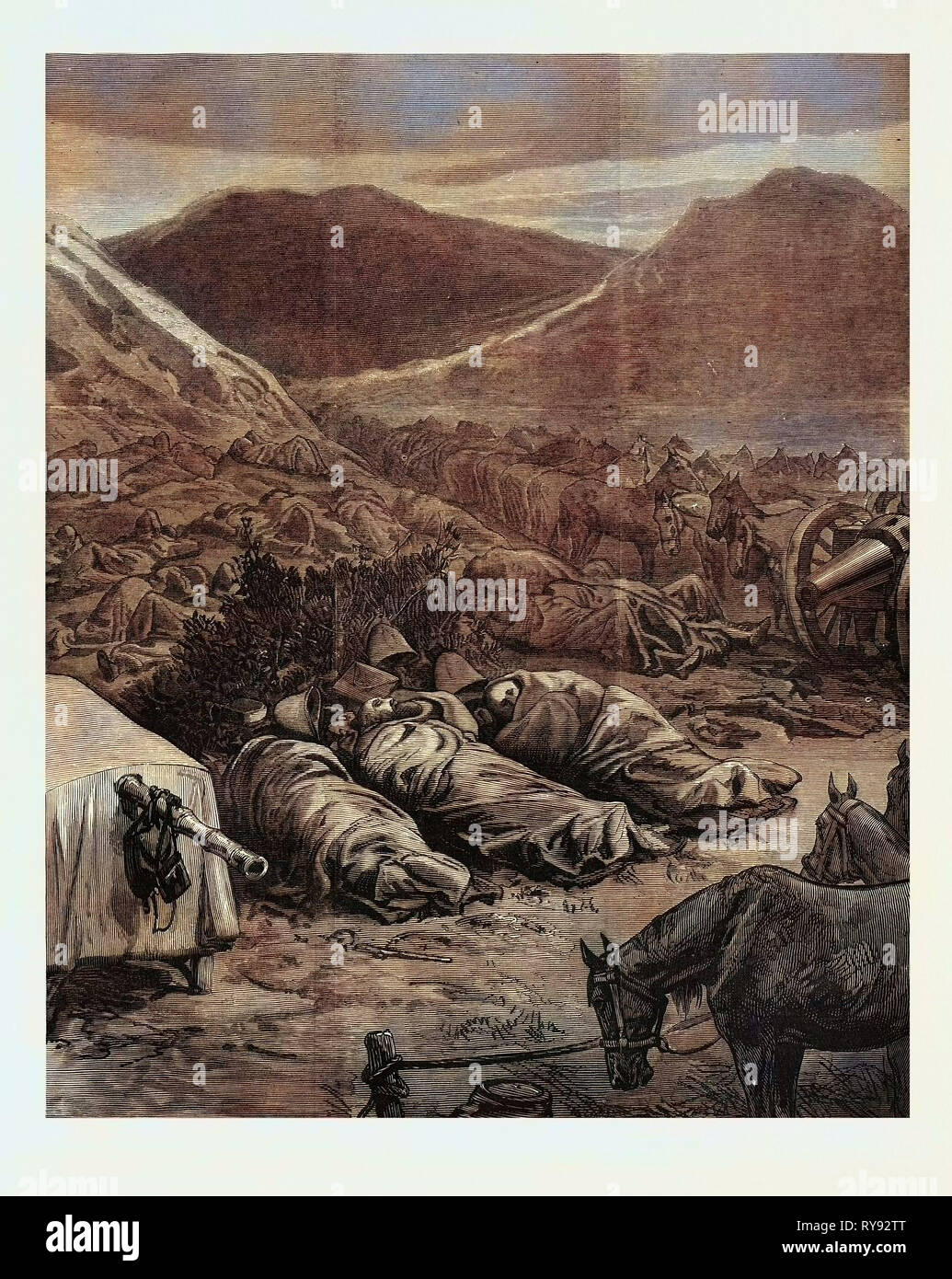 Der afghanische Krieg: Schlafen auf dem Schlachtfeld der Nacht vor dem Angriff auf Fort Ali Musjid 1879 Stockfoto