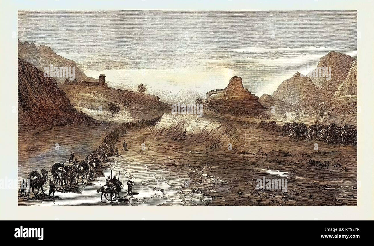 Der afghanische Krieg: Die Ishpola Tope mit Line März in die trockene Bett des Khyber Fluss 1879 Stockfoto