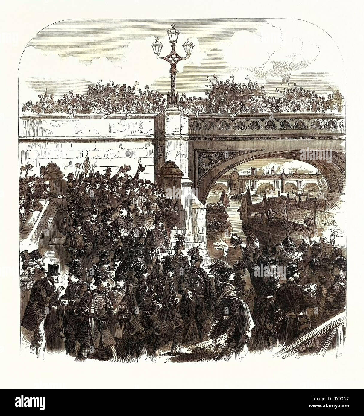 Die Einschiffung der Belgischen "riflemen an der Westminster Bridge GROSSBRITANNIEN 1867 Stockfoto
