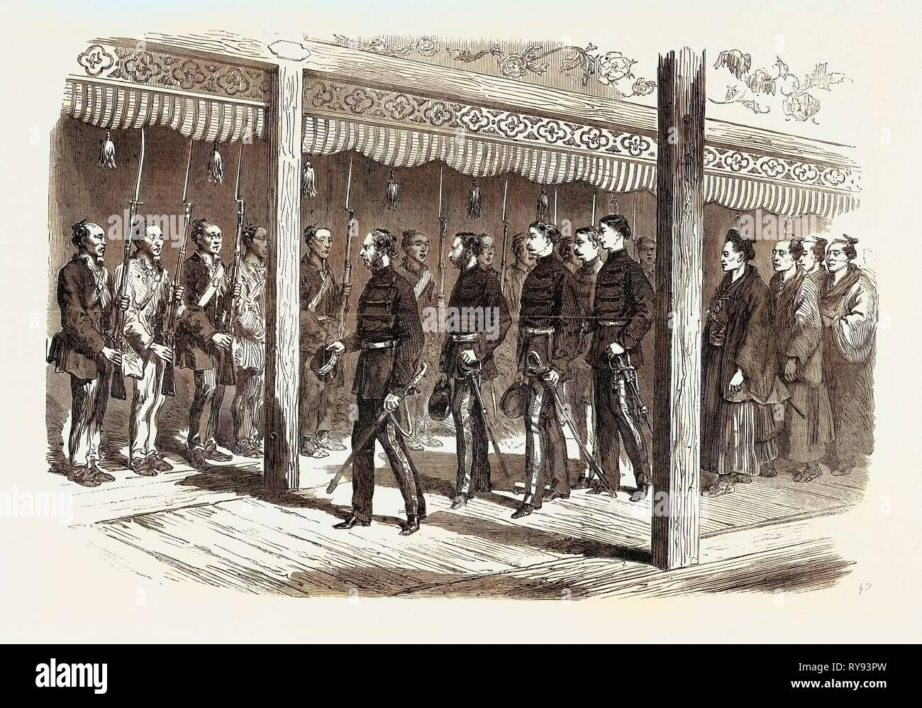 Ein Besuch der Tycoon von Japan: Sir Harry Parkes und Suite in der Vorhalle des Schlosses Osaka geht der Tycoon 1867 zu besuchen Stockfoto