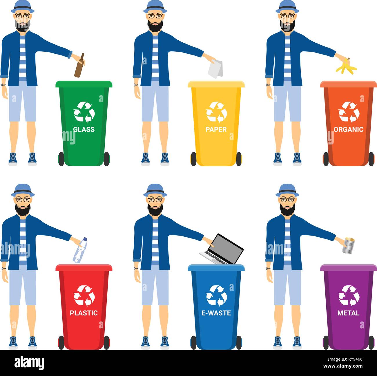 Abfall in Mülltonnen mit sortiert Müll Vector Icons. Recycling Mülltrennung  Sammlung und Recycling auf weißem Hintergrund Stock-Vektorgrafik - Alamy