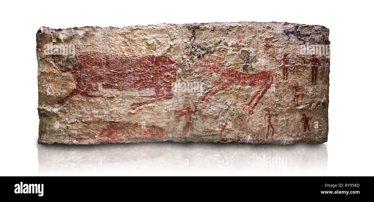 Jagdszene. Ein Reh und Wildschwein sind dargestellt, die mit Menschen mit Pfeil und Bogen gejagt. Eine Person ist depcted versuchen, das Wildschwein zu fangen. 6000 v. Chr. Stockfoto