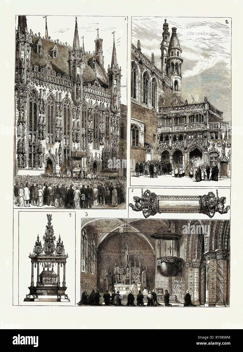 Das Fest des Heiligen Blutes in Brügge, Belgien. Zeremonie der Segen des Menschen und das Ausstellen des Heiligen Blutes, Vor dem Hotel-De-Ville., 2. Die Kapelle des hl. Basilius, oder des Heiligen Blutes., 3. Innenraum der Kapelle St. Basil.-4. Das Heiligtum des Heiligen Blut.-5. Reliquiar mit dem Heiligen Blut Stockfoto