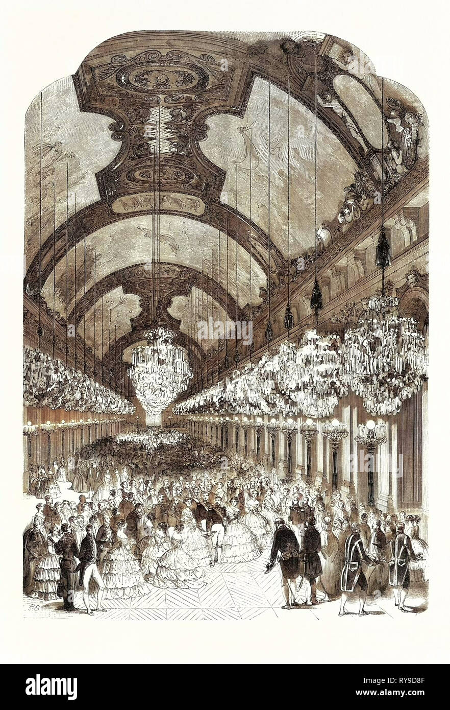 Eingang des Ll. Mm. Royals und Imperiale im Spiegelsaal des Schlosses von Versailles, 25. August 1855, Frankreich. Gravur Stockfoto