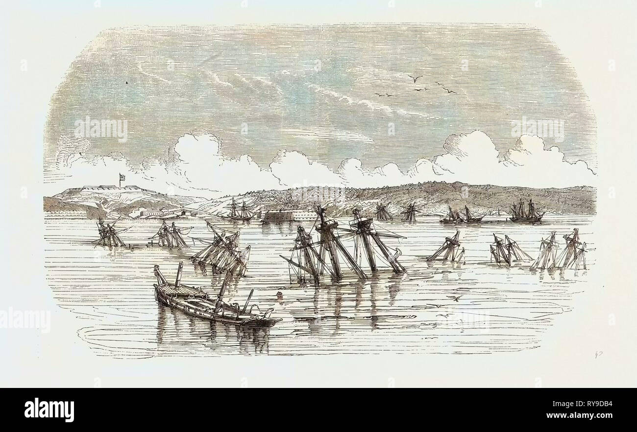 Zustand der russischen Schiffe, am Tag nach der Erfassung von Sewastopol durch die französische Armee. Der Krimkrieg, 1855. Gravur Stockfoto