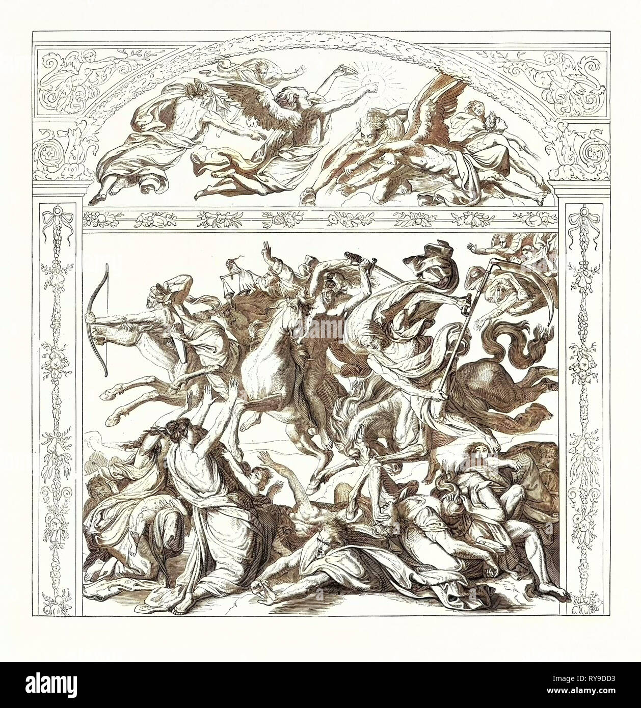 Salon von 1855. Die preussische Schule. Die sieben Engel und die vier Reiter der Apokalypse, Gravur Stockfoto