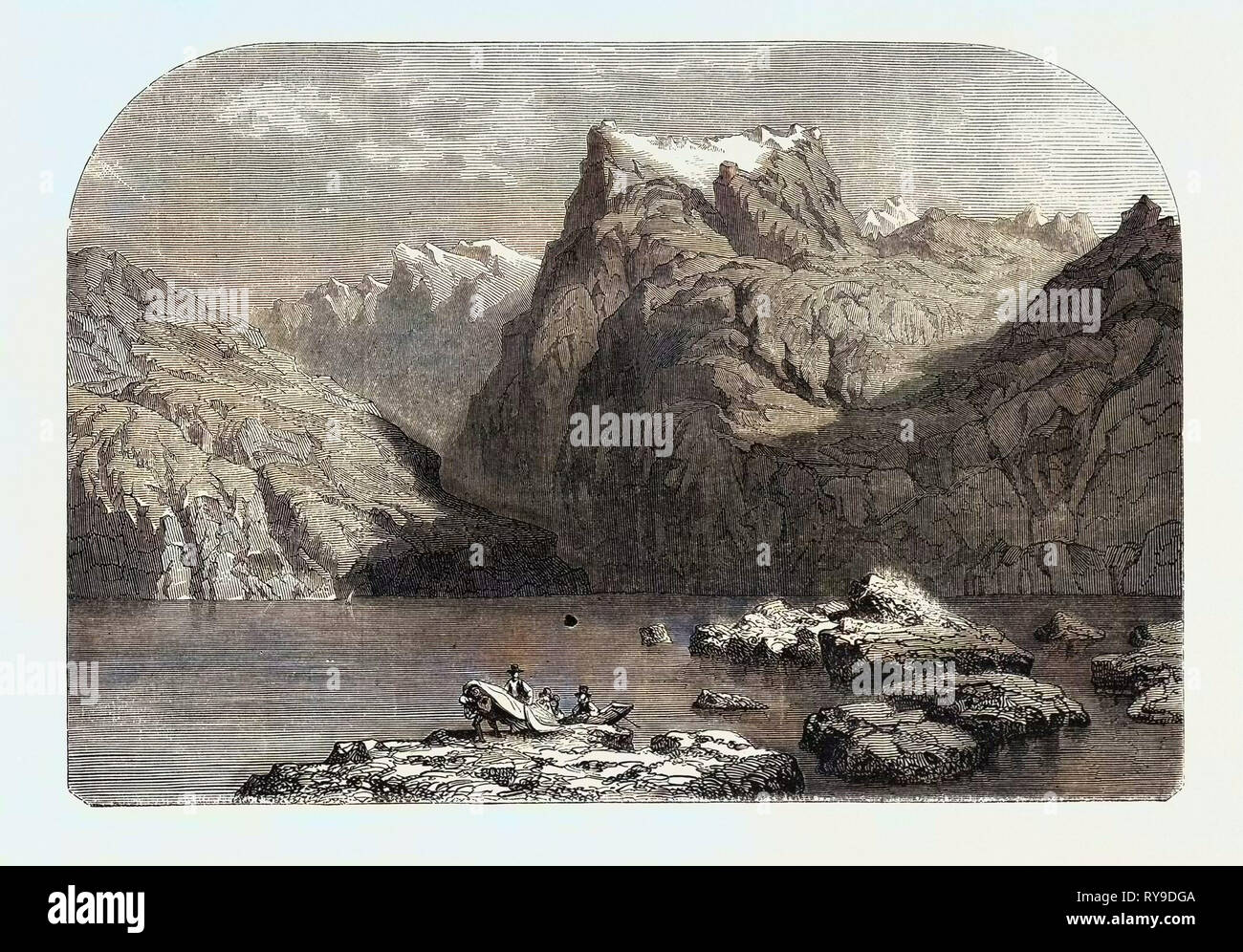 Schweizer Schule. Vierwaldstättersee, Gravur 1855 Stockfoto