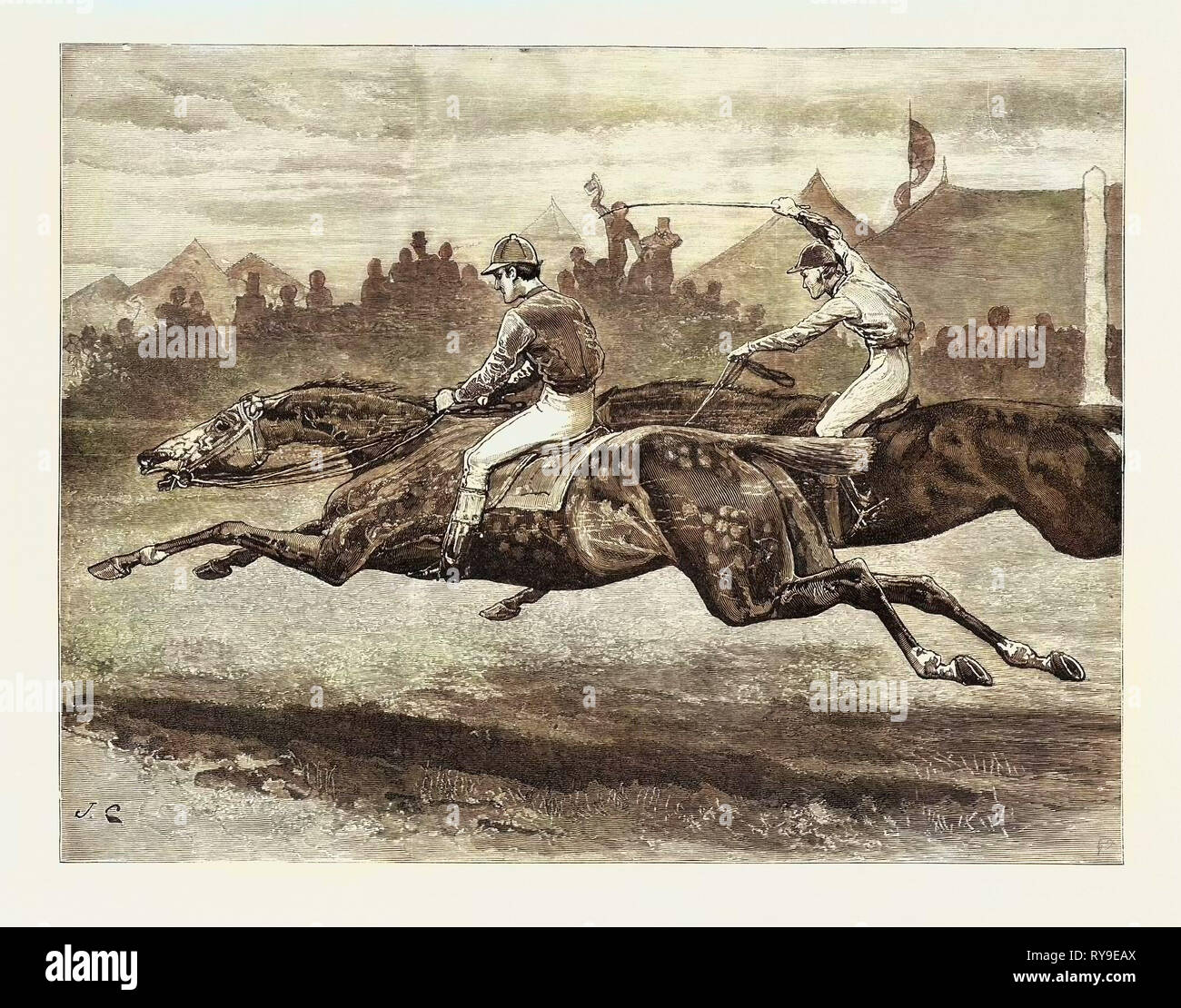 Pferderennen, Kupferstich 1884, Leben in Großbritannien, Großbritannien, England, Großbritannien, Europa, Großbritannien, Großbritannien, Europa, Kunst, Künstler Stockfoto