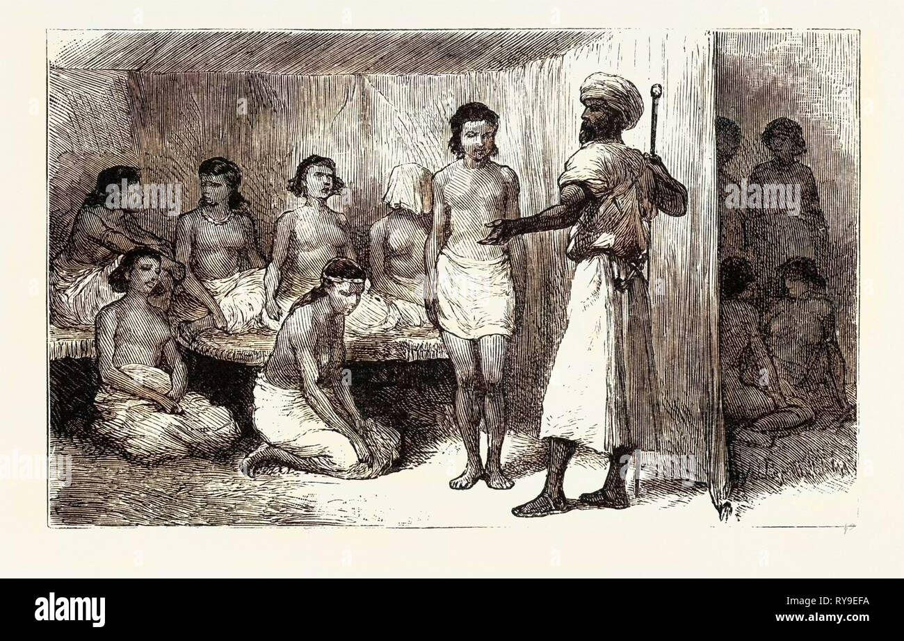 Und ihr an einem öffentlichen Markt in der soudan, Gravur 1884, Sklavenhandel, Slave, Sklaverei, Slaves, soziale Frage, soziale Fragen verkauft Stockfoto