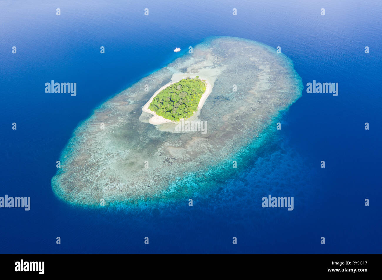 Eine wunderschöne, tropische Insel ist von Riff in Papua Neuguinea umgeben. In diesem abgelegenen Gebiet ist Teil der Korallen Dreieck aufgrund seiner biologischen Vielfalt der Meere. Stockfoto