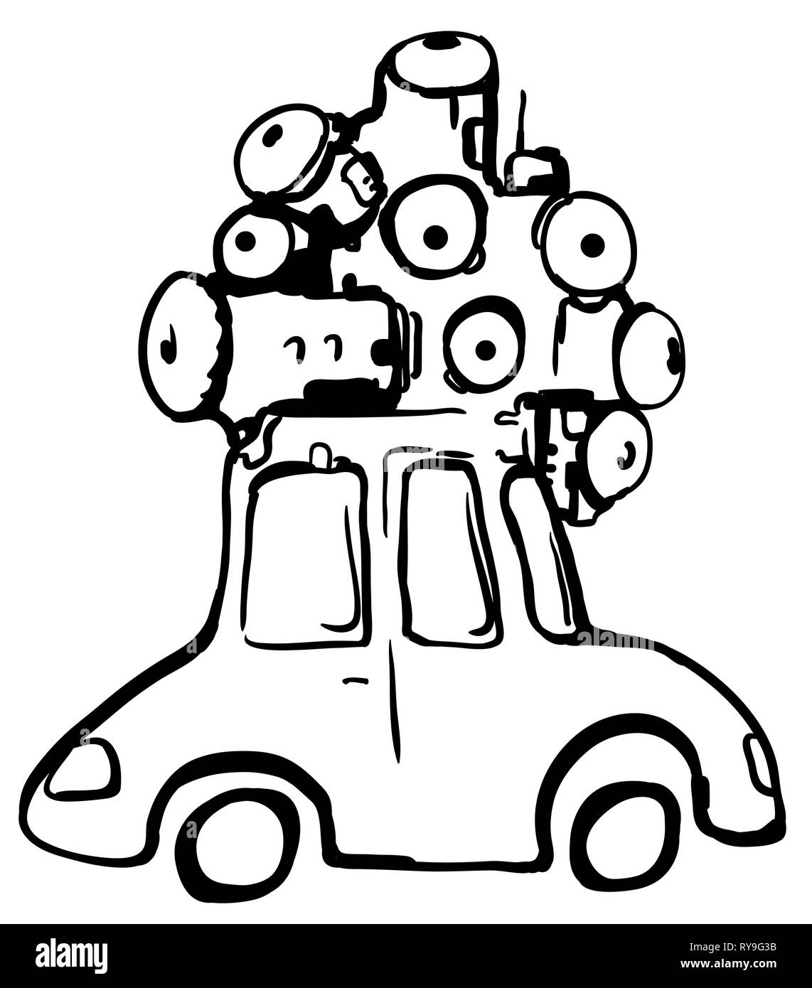 Kamera Auge auto Karikatur Zeichnung, Vector, horizontal, über Weiß Stock Vektor