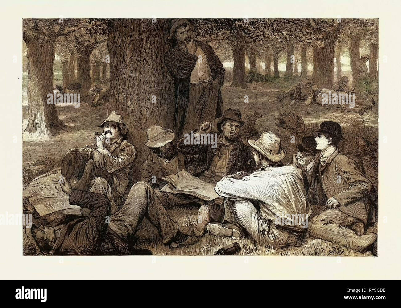 Der Arbeitsmarkt in Australien: die Arbeitslosen, die nicht für die Beschäftigung, eine Skizze in die Treasury Gardens, Melbourne, 1892 Gravur bestrebt sind, Stockfoto